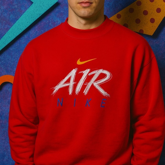 Vintage 90s Nike Air Swoosh Embroidered Red Crewneck Sweatshirt Men XL Casual - Picture 1 of 7